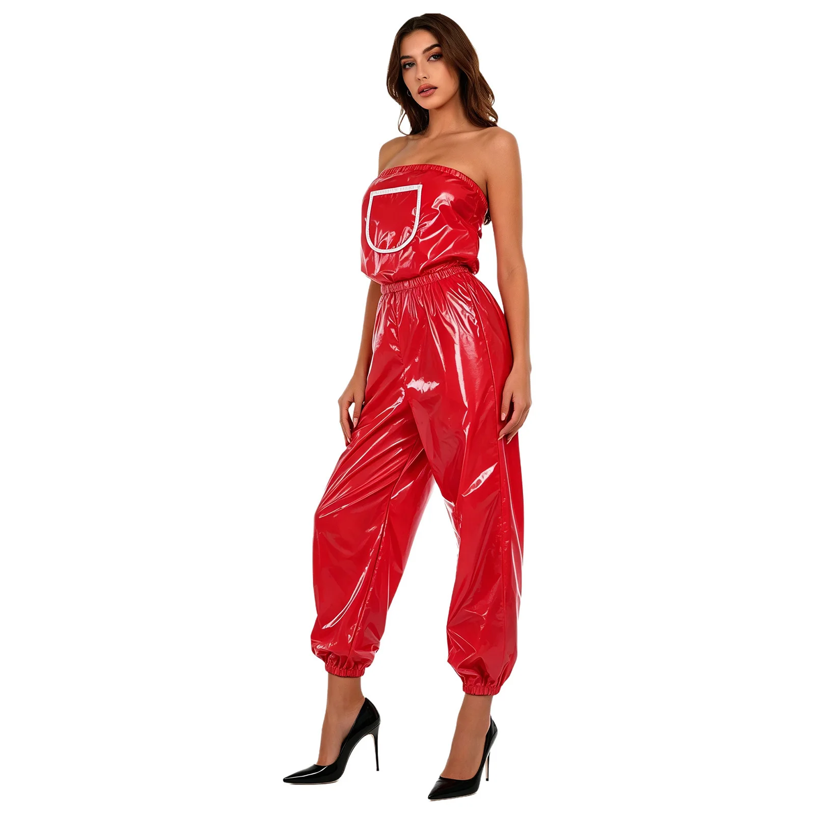 Womens Y2K Glossy Jumpsuit Clubwear Waterproof Strapless Elastic Waist Bodysuit Adaptive Rompers for Nightclub Rave Party
