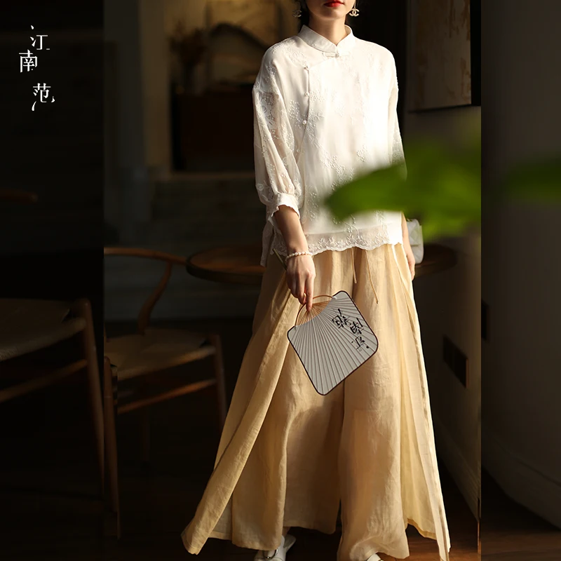 

Новые китайские свободные брюки в стиле дзен, широкие шелковые брюки с высокой талией для чайной церемонии, женская одежда