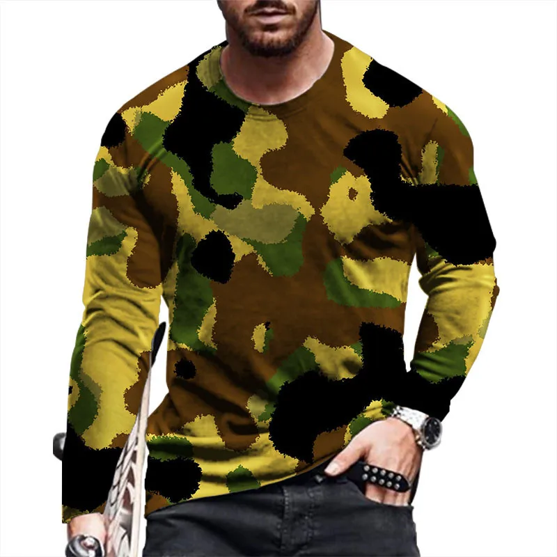 Loose Casual Men\'s Camo Pattern T-Shirts Autumn Long Sleeve Round-Neck 3D Print Sporty Workout Man\'s Tops Tees 6XL Plus Size