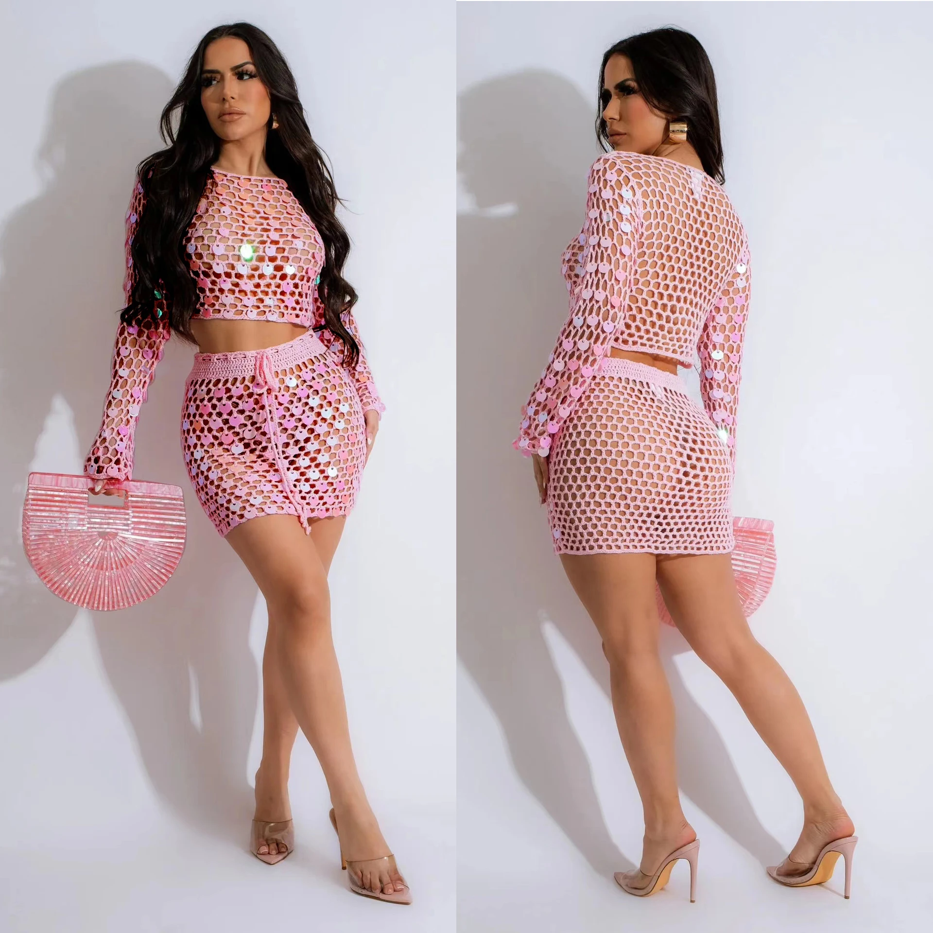 Knitted Sweater Dress Two Piece Skirt Sets 2024 Summer Women Clothes Sexy Crop Tops Sequin Elegant Knit Dress 2 Piece Set Outfit