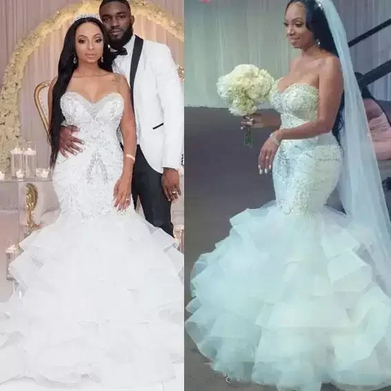 

Customized Mermaid Dresses Sweetheart Crystal Pearls Beaded Embroidery Ruffled Layered Nigerian Bridal Wedding Gowns 2023