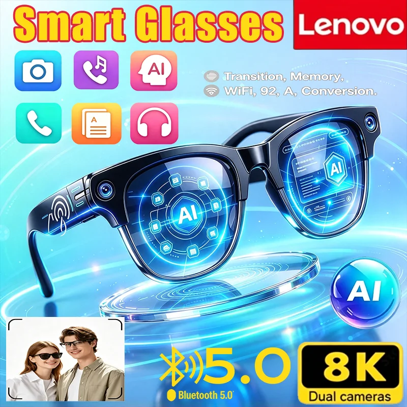 Lenovo 2026 New AI Smart Sunglasses 8K Bluetooth AI ChatGPT Translation 2400MP Recording Music Play 4K Camera Eyewear