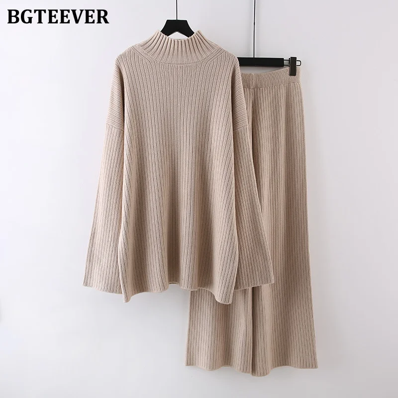 BGTEEVER Autumn Winter Thicken Warm Ladies 2 Pieces Knitted Outfits Long Sleeve Half High Collar Sweaters Women Knitting Pants