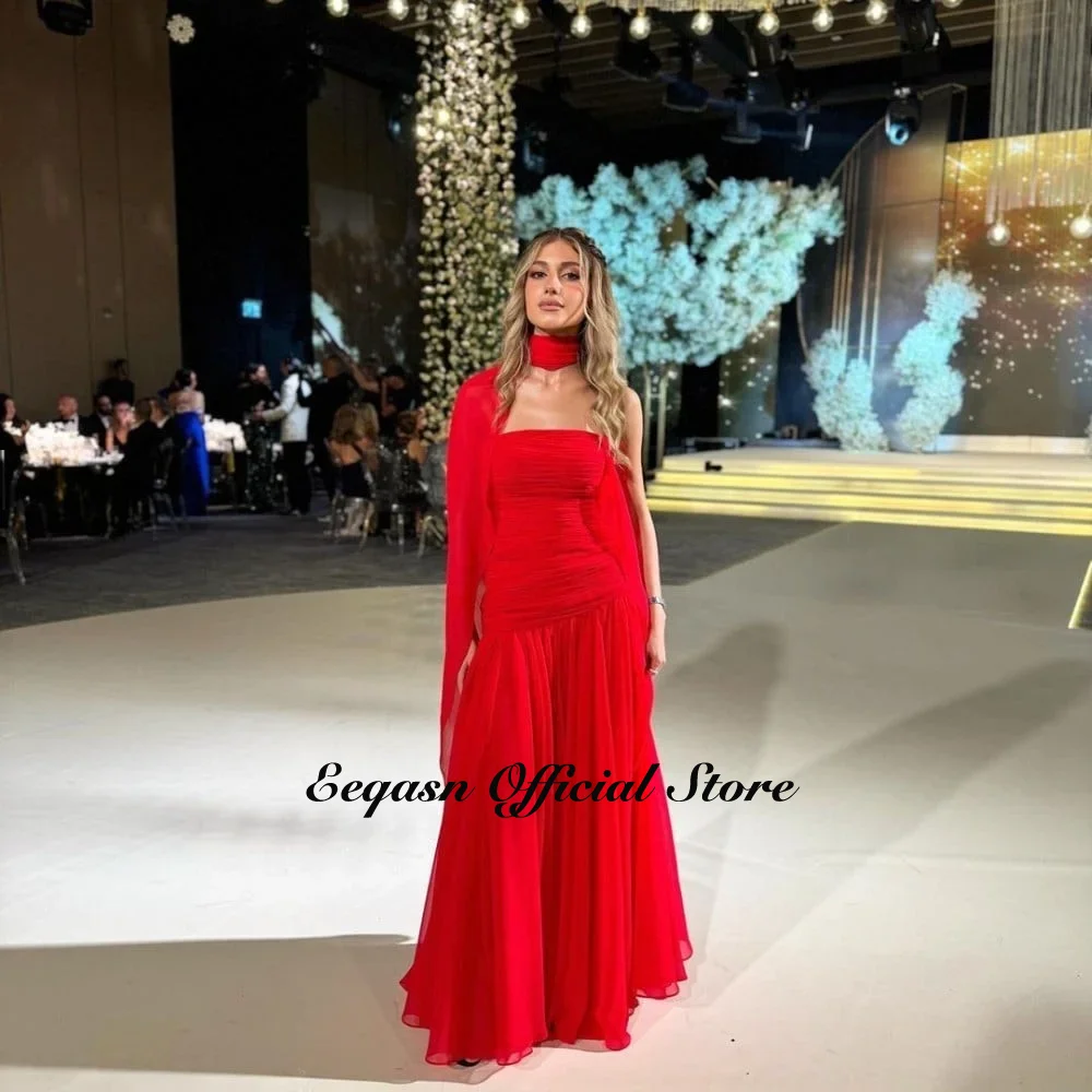 Arabic Red Chiffon Evening Dresses Strapless Shawl Long Prom Gowns Formal Occasion Party Dress Luxury Vestidos Customized