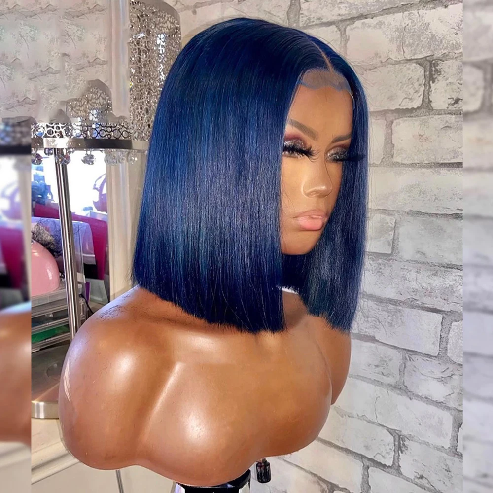 

5x5, темно-синий короткий Боб, парики из человеческих волос, прозрачные прямые, 13x6, парик из фронтального Боба на сетке, 180 плотность, прямой женский парик