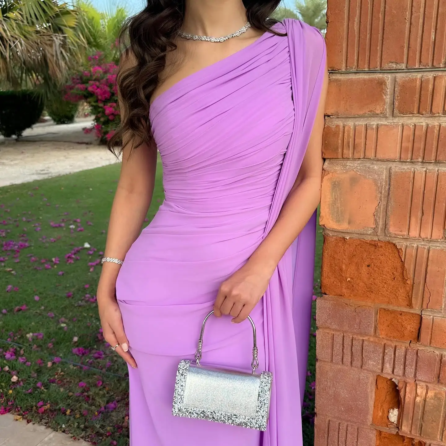 Aenyrst 사우디 아라비아 우아한 보라색 댄스 파티 드레스 여성 한 어깨 프릴 파티 이브닝 ​​가운 발목 길이 특별 행사 가운