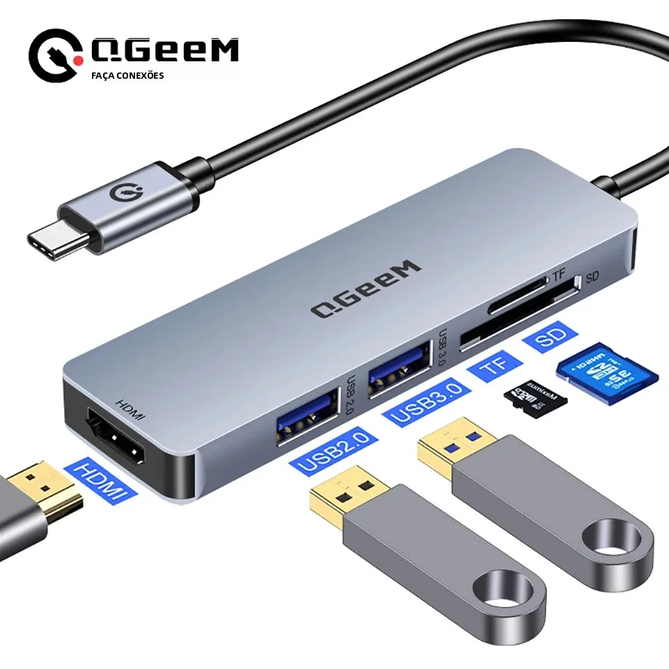 QGeeM USB C Hub Dock para Macbook Pro Air 2020 Xiaomi Multi 3.0 USB Hub Tipo C Adaptador SD TF Card Leitores HDMI Divisor Tipo C Hub para laptops Notebook Tablets Apple iPad Pro Computador PC Acessórios Docking station