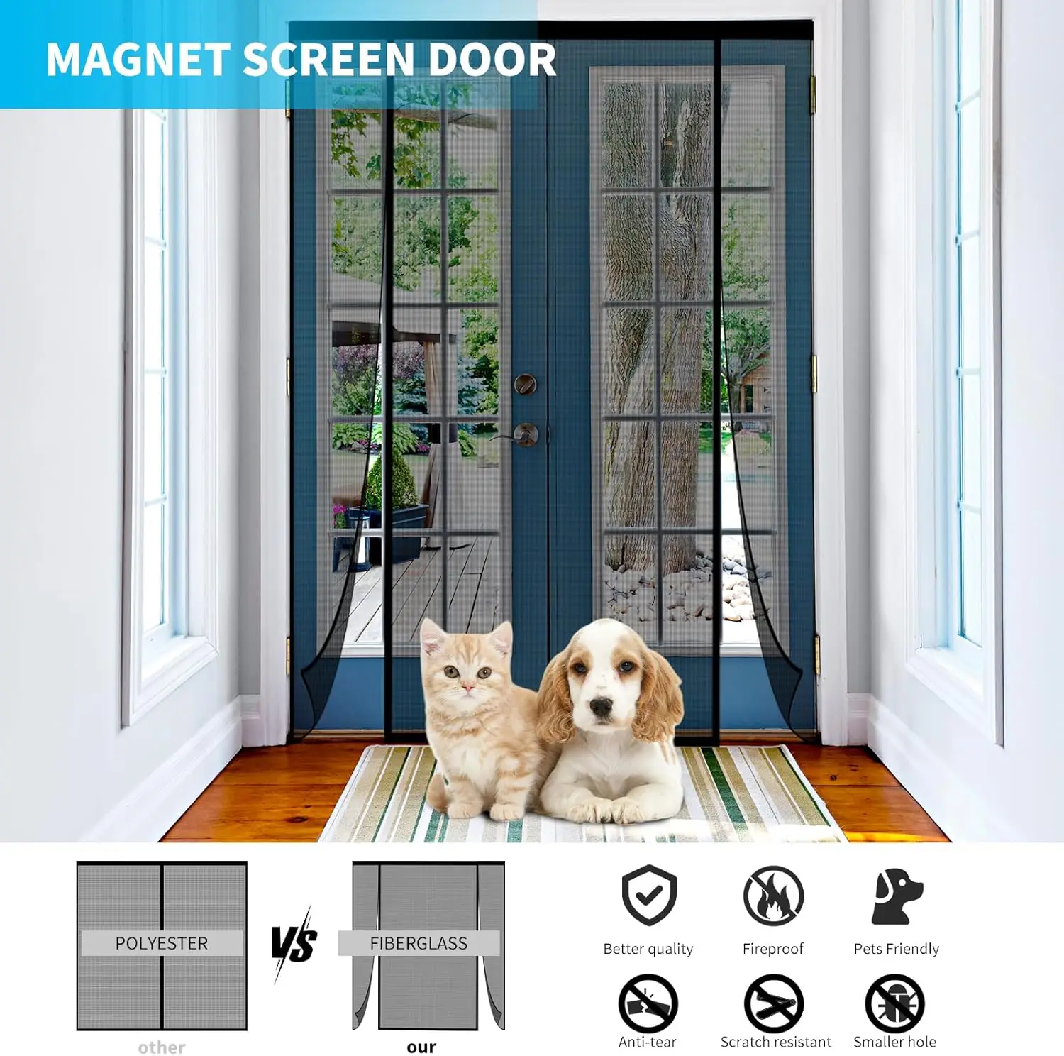 Magnetic Screen Mesh with Super Strong Magnets, Fiberglass Double Opening Net for Sliding Glass Doors, Large Patio and French