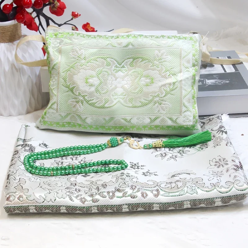 Muslim Prayer Rug with Prayer Beads and Portable Bag Muslim Gift Islamic Soft Mat Gifts Set Turkish Carpet for Ramadan Eid Hajj 6
