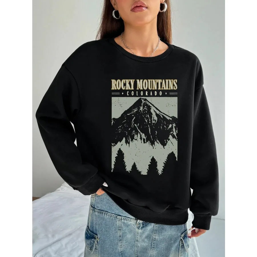

Women Basic Casual Pullover Long Sleeve Autumn Spring Snowy Mountain Printed Round Neck