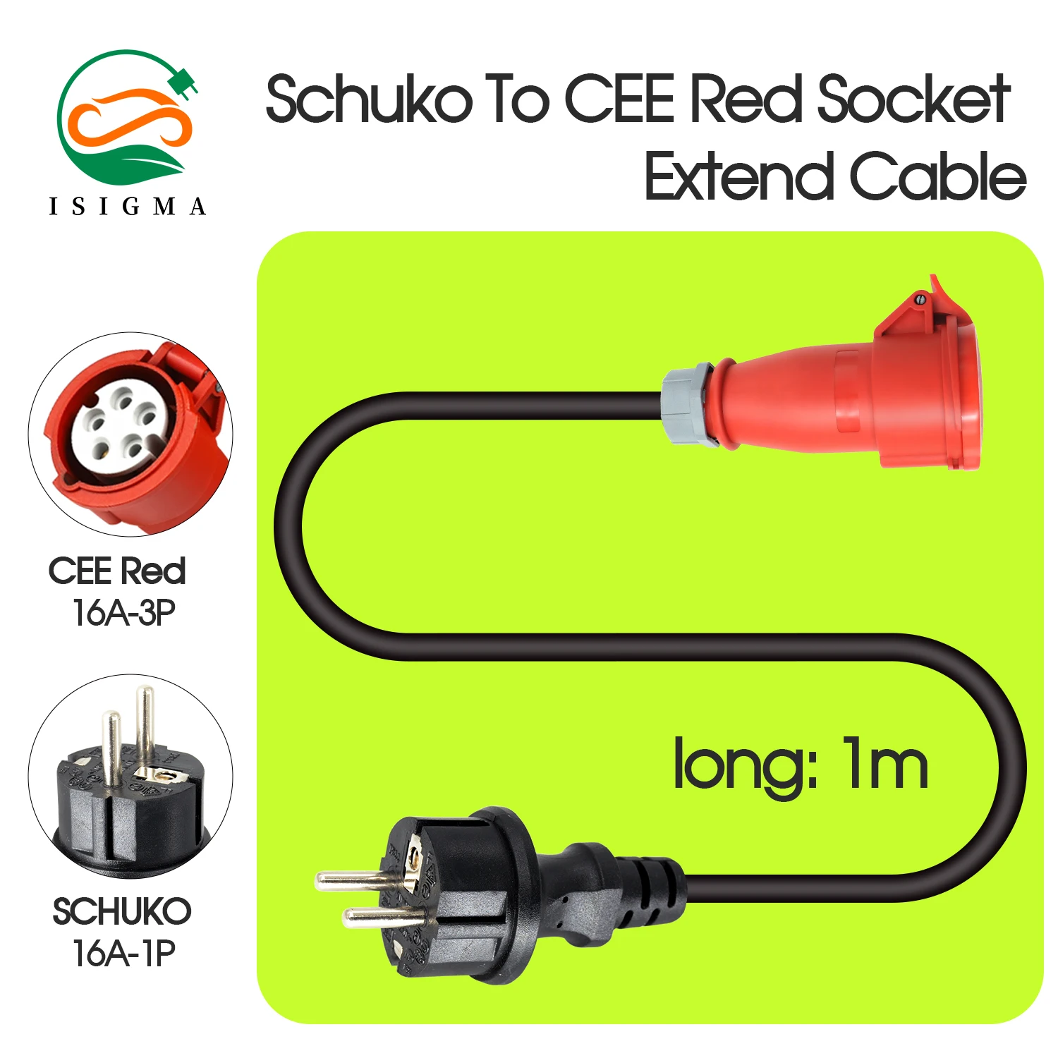 ISIGMA 16A 3 Phase Portable EV Charger Adapter 11KW Schuko Plug to CEE Red Power Female Socket Connect for Electric Vehicle Car