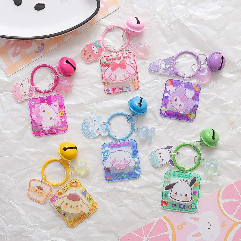

Sanrio Hello Kitty Melody Kuromi Doll Model Keyring Rotatable Cute Key Chain Bag Acrylic Pendant Accessories Decor Toy Gifts