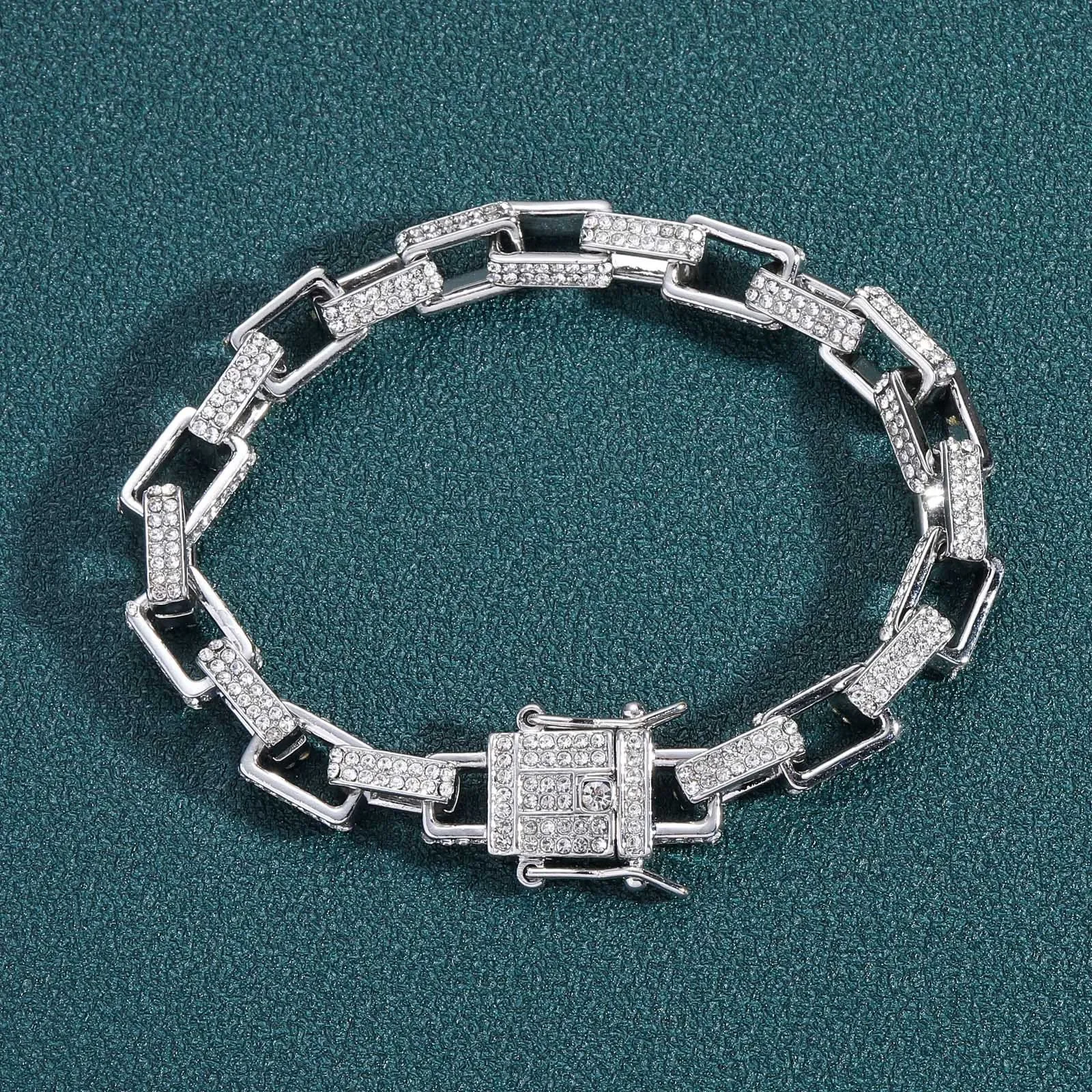 

Hip Pop 8MM Width Square Box Chain Bracelet Men's Shining Iced Out CZ Stones Gold Plated Alloy Charm Rapper Jewelry Gift