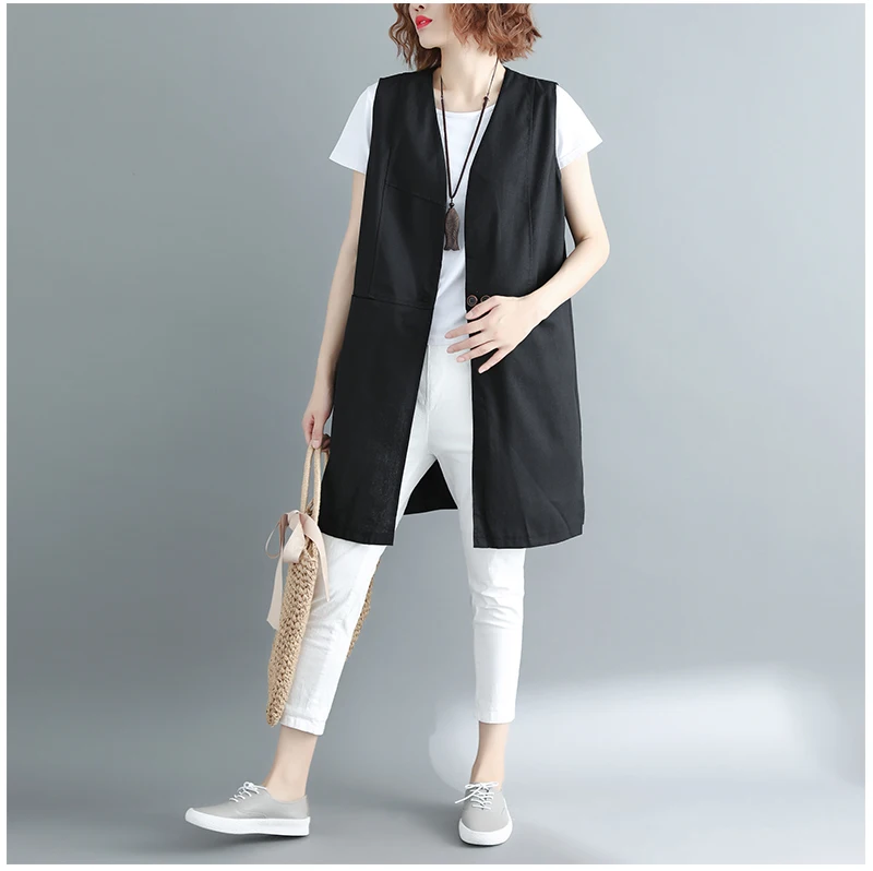 

Summer New Sle Artistic Color Loose Svel V-Ne Open Cardigan Mid-Length Ele Lin Vest Women's Waistcoat