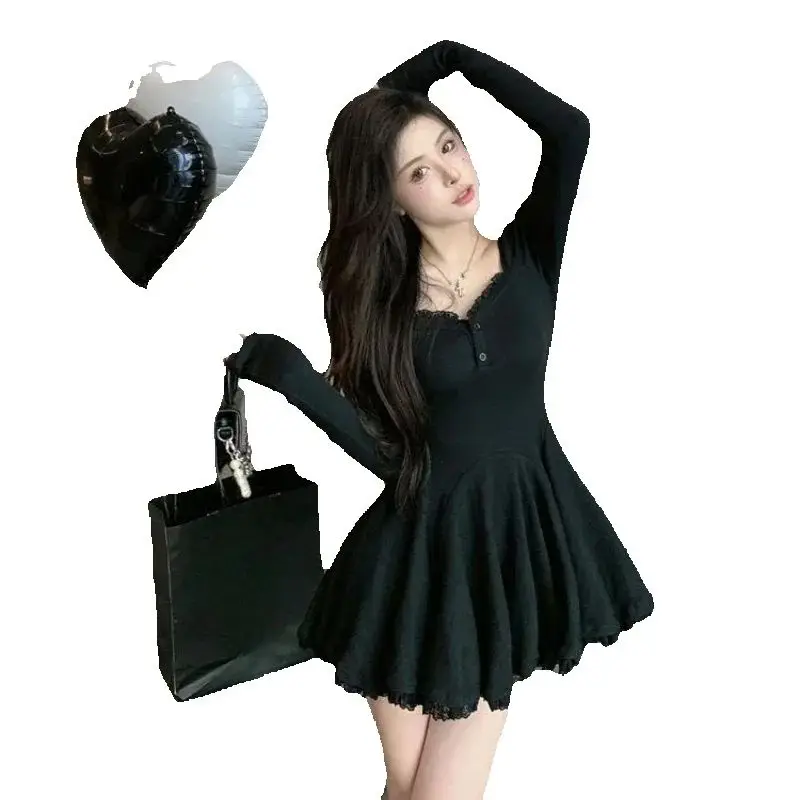 

Korean Sweet Lace-waisted Long Sleeve Collarbone 2025 Dress Pleated A-line French Style Waist Tutu Skirt ftfty3