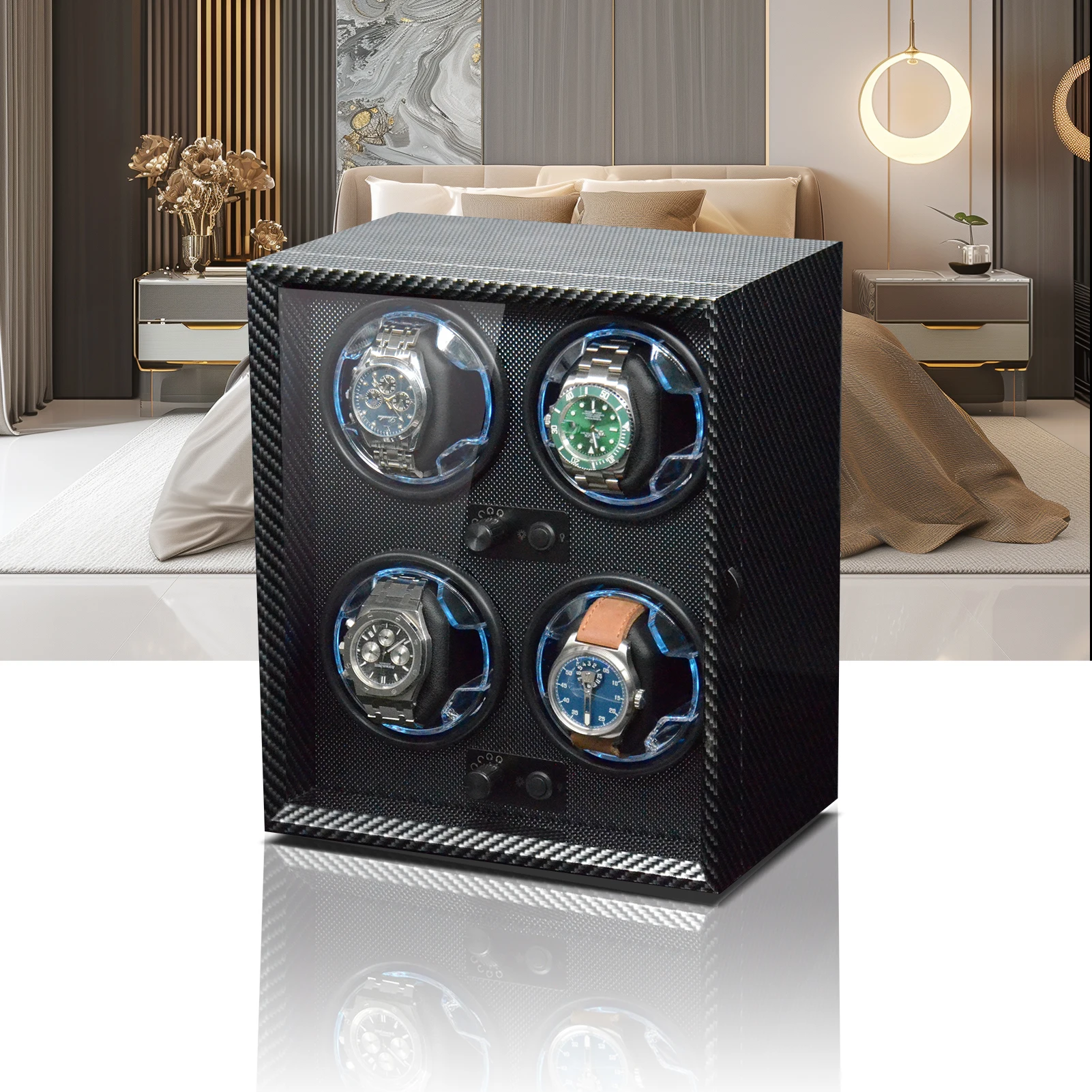 ZOEJOE 2 Slots USB Cable 4 Slots Walnut Grain Carbon Fiber Inner PU Leather Quiet Motor Watch Winder Box With Light For Friends