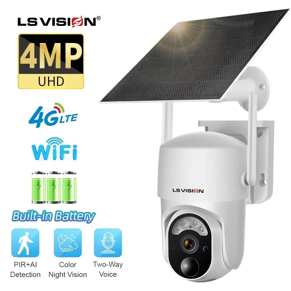 

LS VISION 4MP 4G/WiFi Solar Camera Outdoor Wireless PTZ Color Night Vision PIR Human Detection Secutity Camera Bulit-in Battery