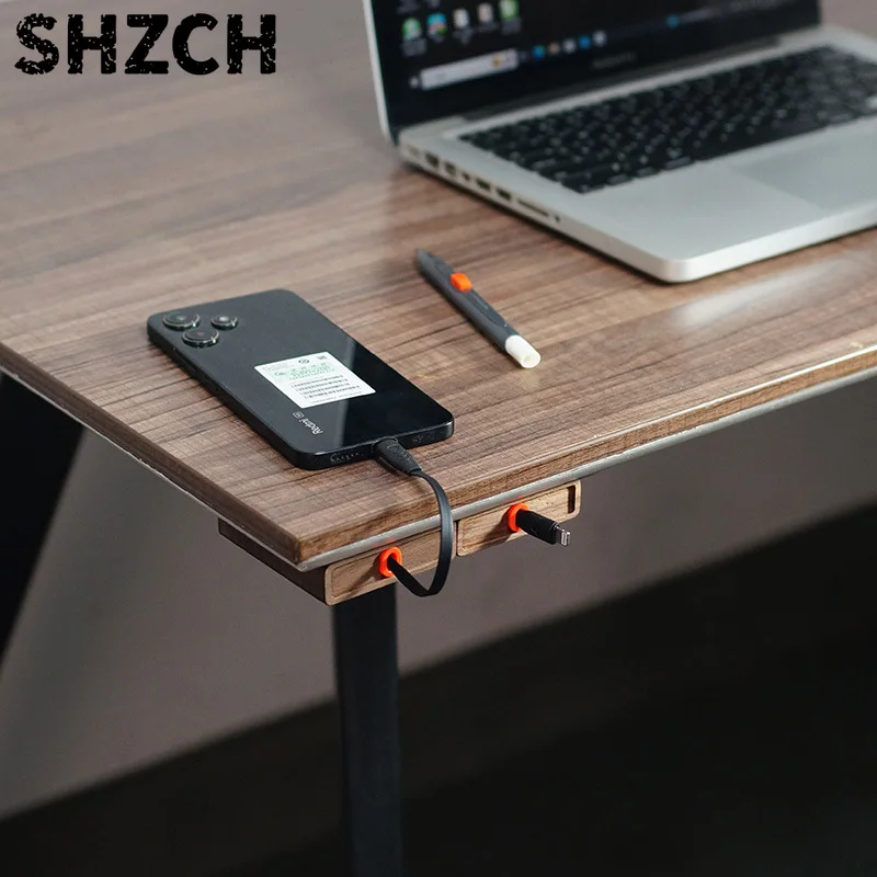 Extendable Charging Cord Holder Walnut Cable Organizer Self-Adhesive Desk Wire Management for Phone Laptop Minimalist Cord Clip