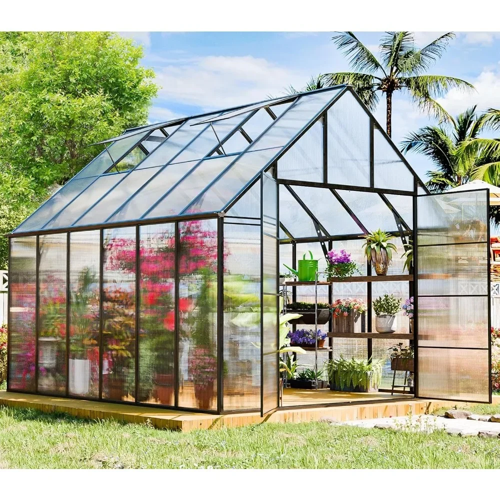 Polycarbonate Greenhouse Kit, 12x10 Feet Outdoor Heavy-duty Greenhouse with Windows and Doors, Suitable for Backyard Gardens