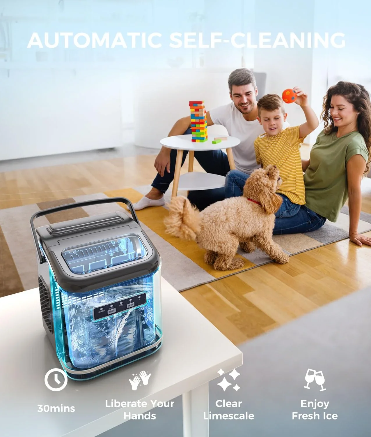 Máquina de hielo portátil con función de autolimpieza, produce 9 cubitos de hielo en solo 6 minutos, 26 libras de hielo en 24 horas