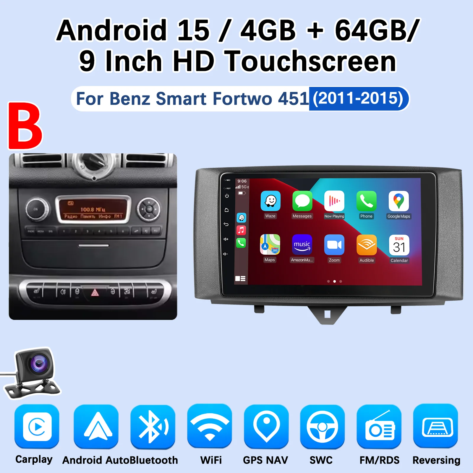 MOPECT 9 Zoll für Mercedes Benz Smart Fortwo 451 2005-2015 Apple CarPlay Android Auto Radio GPS FM WiFi BT AM Multimedia DAB+ DVR