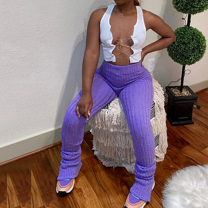 المرأة محبوك تويست منتصف الخصر Pants غير رسمية ، الجانب مفتوحة ضيق السراويل الرياضية ، أحادية اللون ، الخريف والشتاء