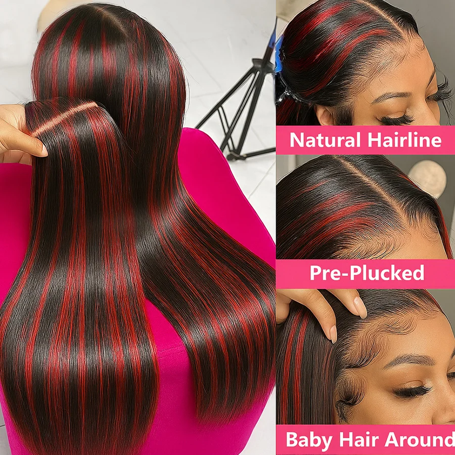 No Silk 1B/99J Highlight Straight 5x5 Glueless Wig Human Hair Vietnamese PrePlucked Ombre Red With Black Colored Lace Front Wigs image 5