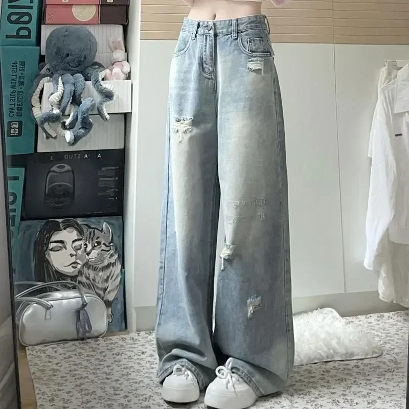 High Waist Wide Leg Straight Cut Jeans Women's Light Wear Distressed Design plus Size Pear Shape Hole Denim Pants