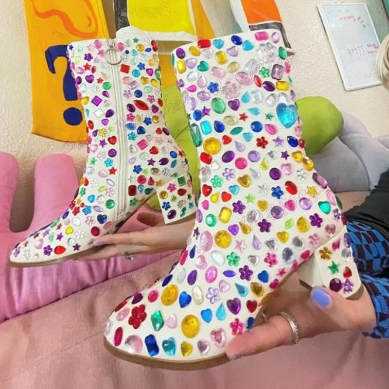 

Colorful Crystal Chunky Heel Ankle Boots Shoes Matte Leather High Heels for Women Handmade Luxury Shoes 2024 Zapatos Para Mujere