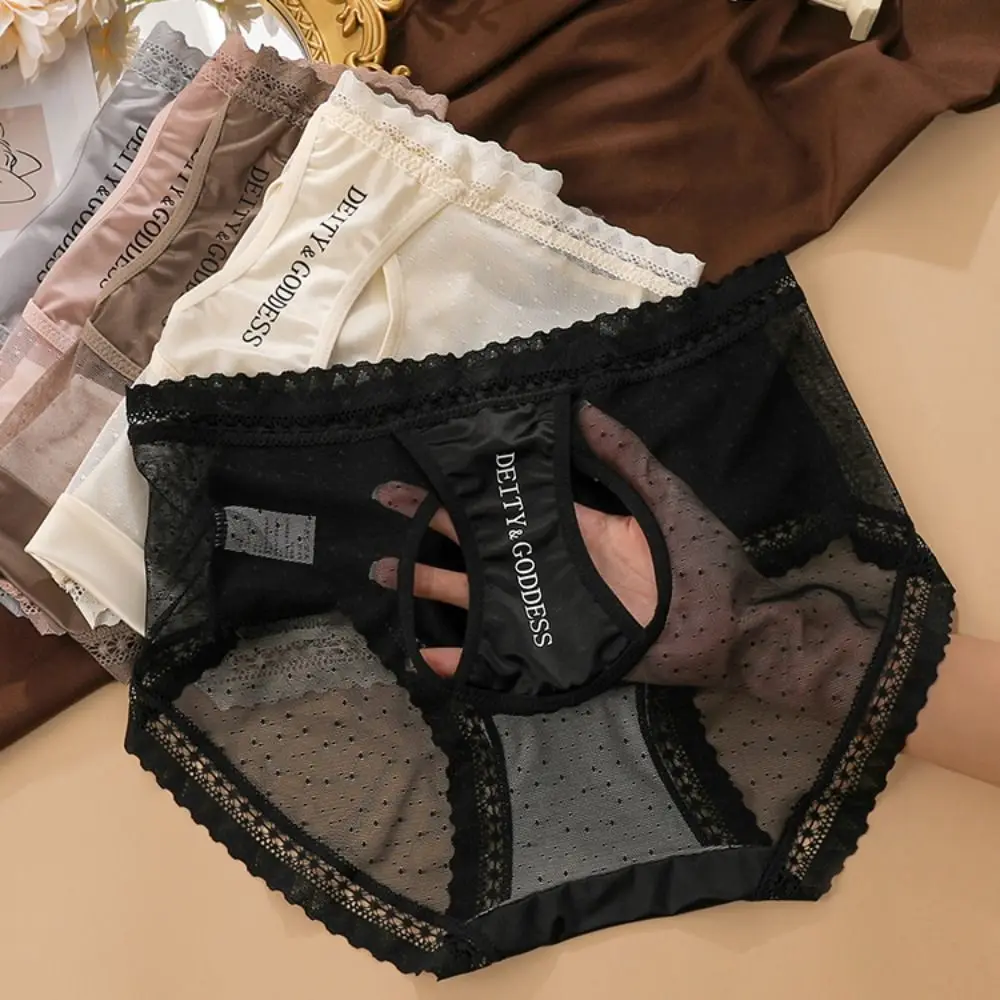

Comfortable Sweet Satin Silk Panties Patchwork Mid Waist Lace Mesh Briefs See Through Hollow Out Underwear for Women Ladies
