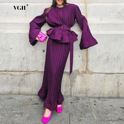 VGH Solid Chic Party Two Piece Set For Women Round Neck Long Sleeve Spliced Sashes Tops High Waist Skirt Casual Set Female New