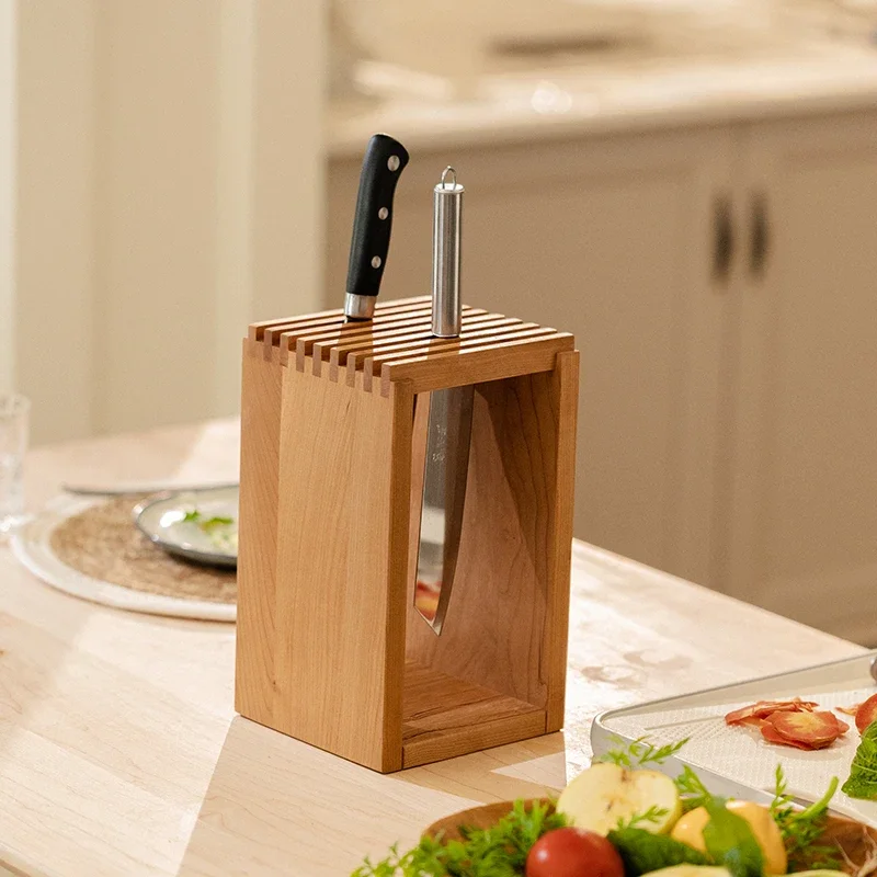 Solid Wood Tenon and Mortise Knife Rack, Large   Kitchen Knife Storage, Mold-Proof and Draining Knife Organizer for Kitchen