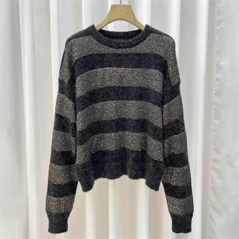 

Женский свитер 2025, зима, новый эластичный вязаный тонкий топ с длинными рукавами, шерстяной пуловер с круглым вырезом и блестками, декоративный трикотаж