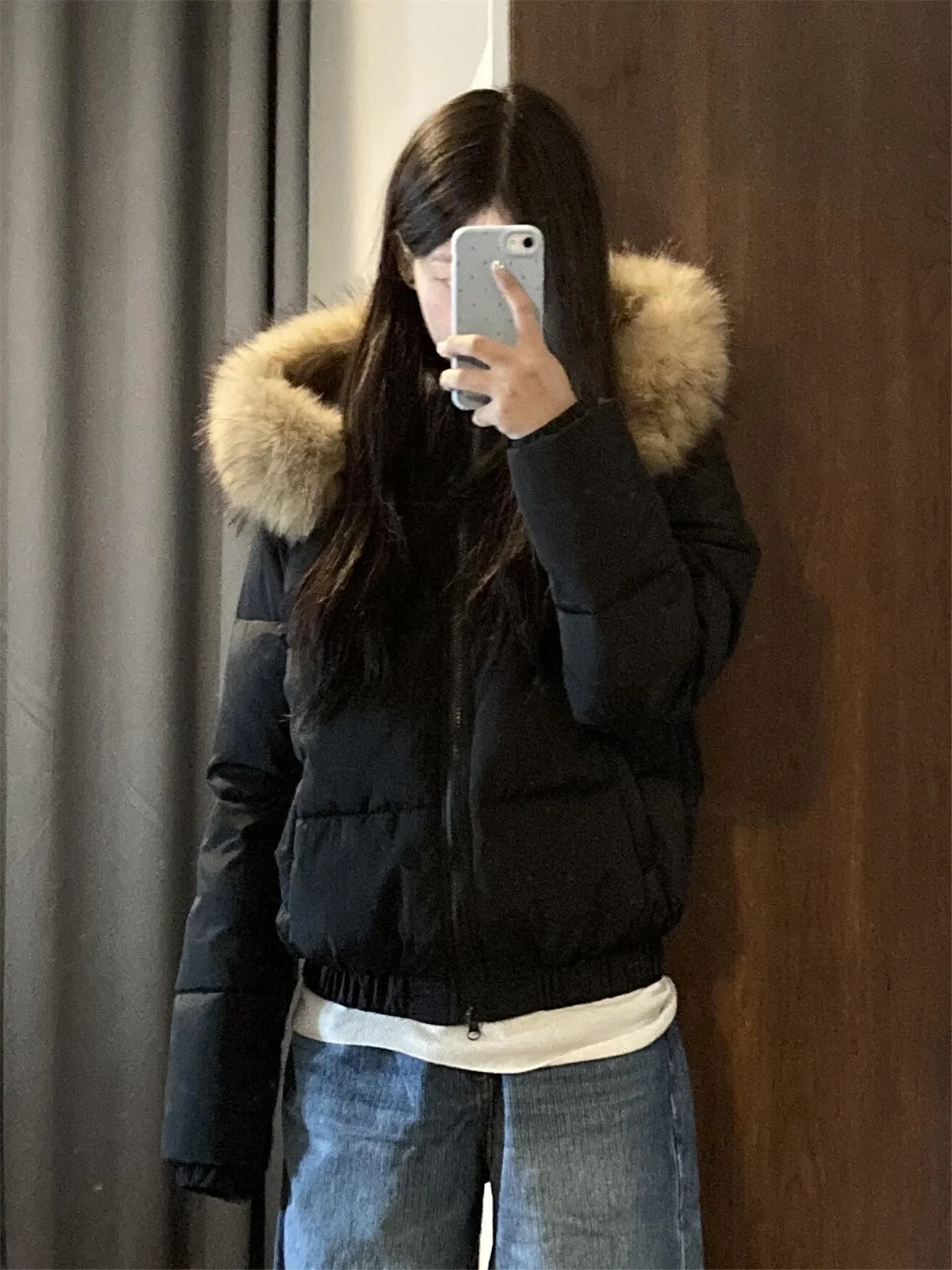 

Хлопковая куртка в стиле ретро, американский черный пуховый женский свободный меховой воротник, зимнее хлопковое пальто, верхняя одежда