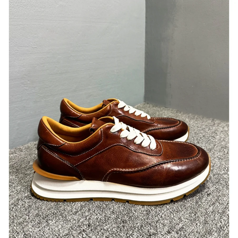 أحذية كاجوال مصنوعة يدويًا من جلد الحصان - أحذية رياضية كاجوال كاجوال كلاسيكية جديدة للرجال من الجلد بمقدمة مستديرة قابلة للتنفس للرجال #5