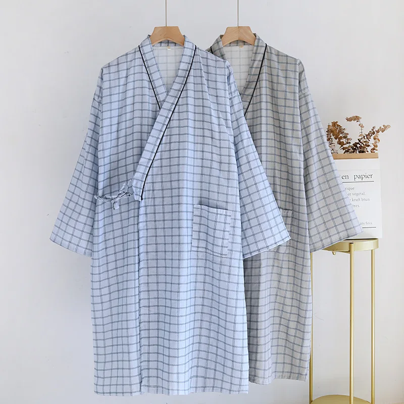 

Plaid Printed Robe for Men Cotton Kimono Men Bathrobe for Spring and Summer Autumn Cotton Men Kimono Robe
