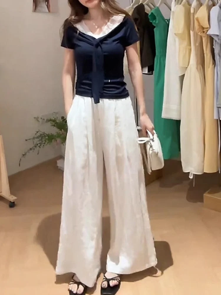 Koreańska koronkowa bluzka z dekoltem w serek, łączona z T-shirtem, damska, letnia, wyszczuplająca, modna, do pracy, jednolita, z węzłem.