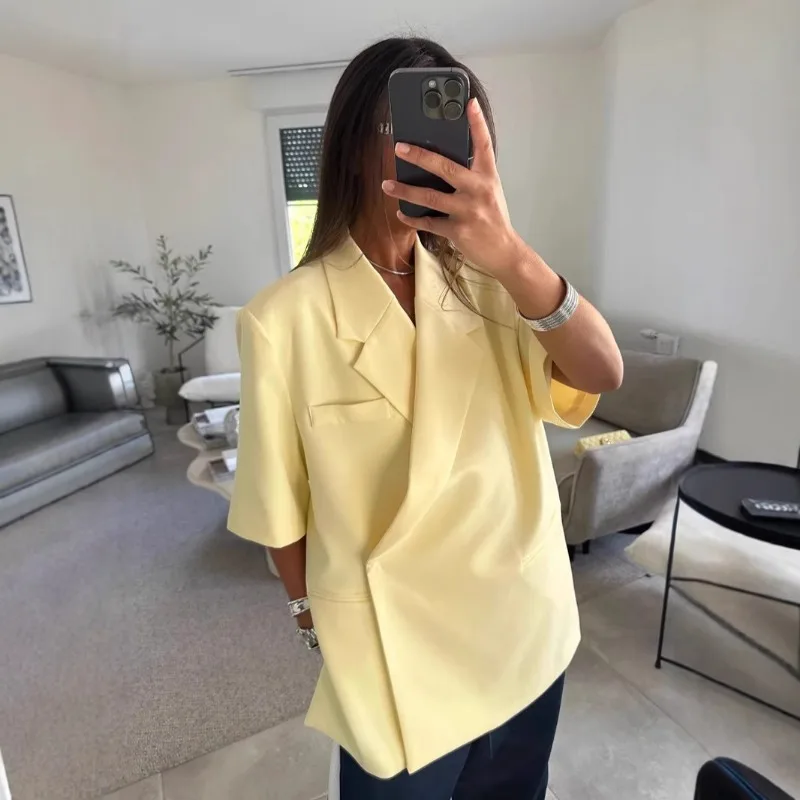Traje de Blazer Holgado para Mujer, Estilo Casual, Cuello Camisero, Un Botón, Pantalones Cortos de Cintura Alta, Conjunto Formal para Verano/Otoño 2026