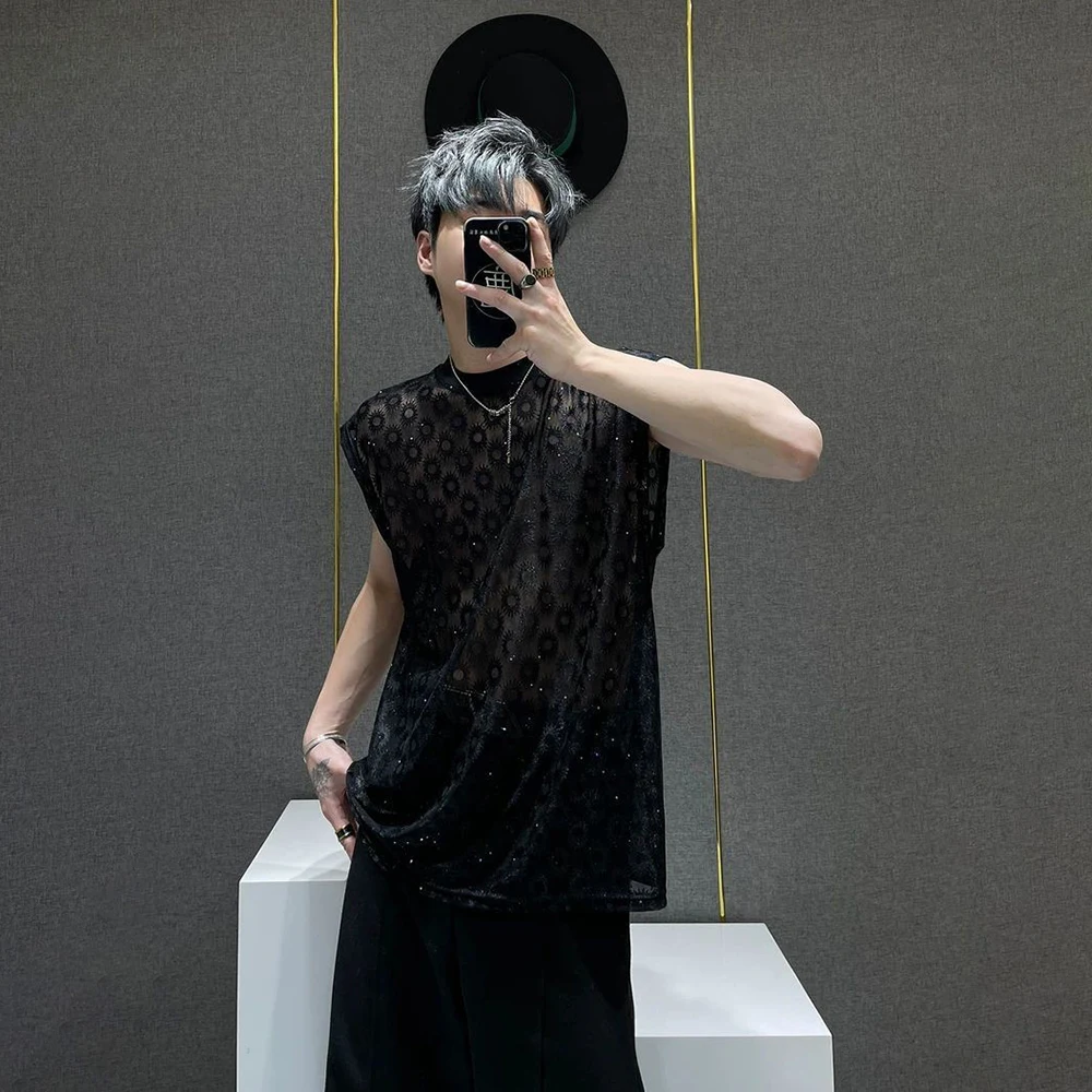 

Summer New Men's Sequined Mesh Sleeveless T-Shirt Sexy Retro Fashion Trend Street Casual Loose Breathable Niche Men's Tops