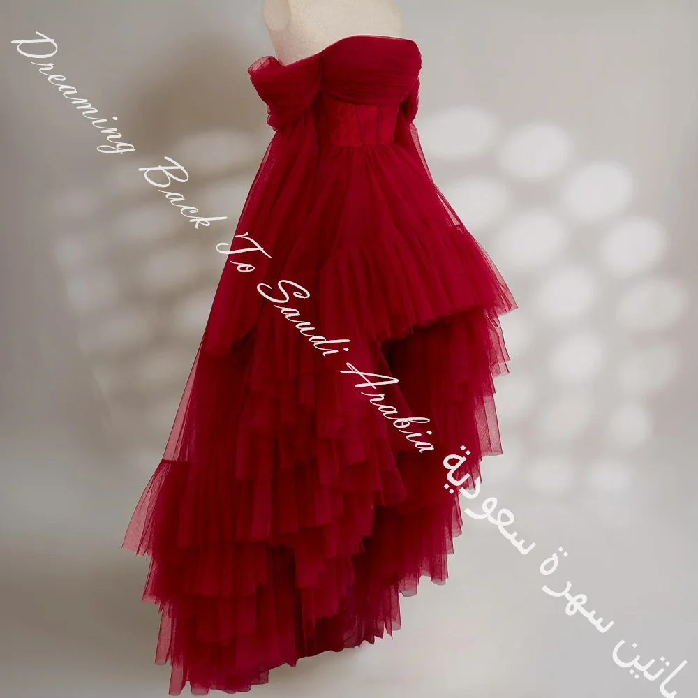 Delicate Boat Neck Chiffon Off the Shoulder 3/4 Sleeves A-Line Evening Dresses Sweep Train Pleats Solid Red Color Floor Length