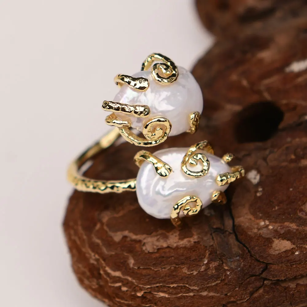 G-G Cultured White Keshi Pearl Coin Pearl Adjustable Rings Gold Plated Copper Metal Ring For Lady