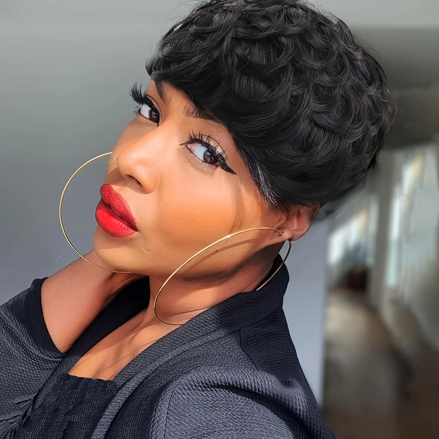 Brazilian Human Hair Wig Pixie Cut Curly Wave with Bangs for Women Layered Machine-Made Full Wig