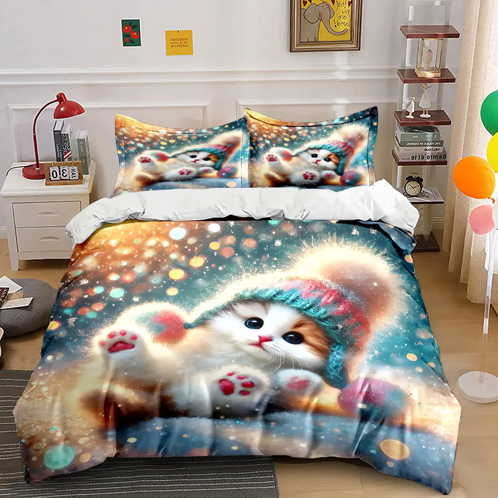 Cute kitten in snowy winter scene Print Bedding Set 1 Duvet Cover 2 Pillowcases for Adult and Children Luxury Gift Full Size