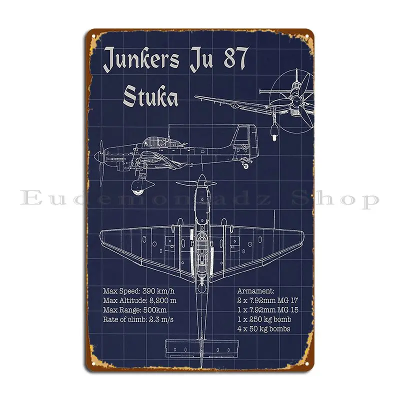 Junkers Ju 87 Stuka Blueprint Metal Sign Cinema Kitchen Cinema Printed Wall Mural Tin Sign Poster