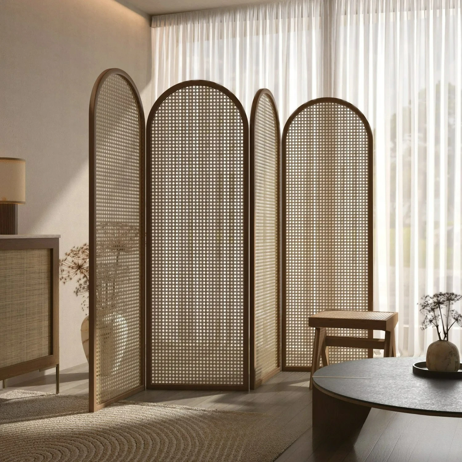 Schermo pieghevole in rattan massello personalizzabile che blocca partizioni divisorie semplici pieghevoli
