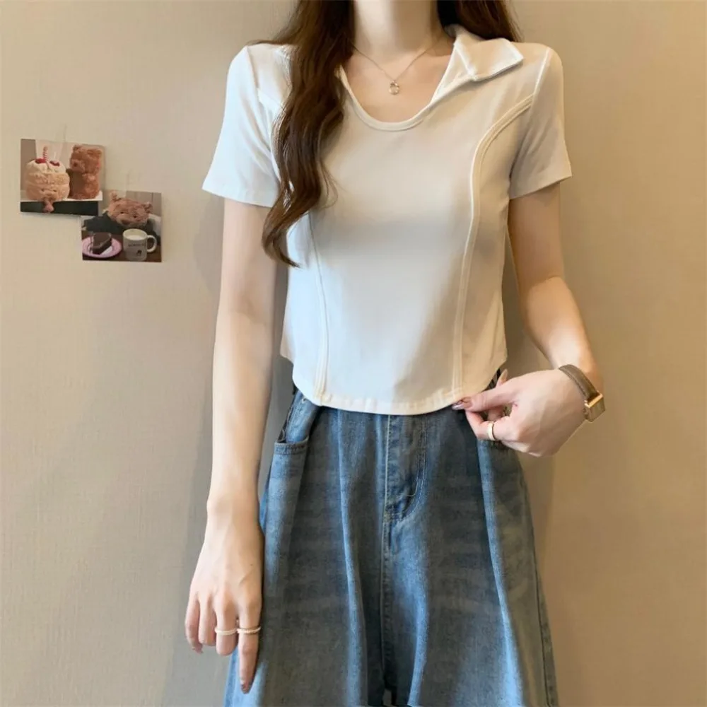 

Модная футболка с v-образным вырезом и коротким рукавом, пуловер, облегающие укороченные топы Y2k, женские шикарные блузки с откидным вырезом из рыбьей кости, летние