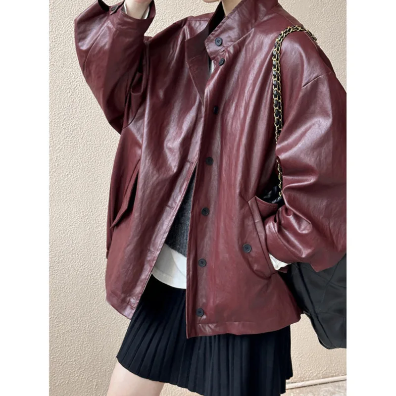 Chaqueta de cuero Pu con cuello levantado para mujer, abrigo suelto de imitación de cuero, abrigos rojos Vintage de una sola botonadura