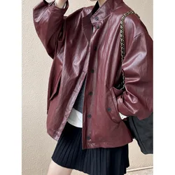Chaqueta de cuero Pu con cuello levantado para mujer, abrigo suelto de imitación de cuero, abrigos rojos Vintage de una sola botonadura