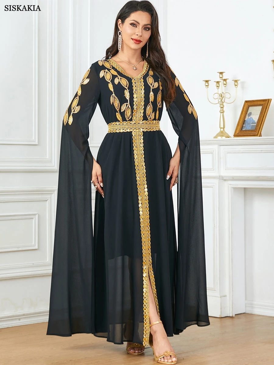 Siskakia Dubai Tape Trim Abaya With Belt For Muslim Woman Super Full Sleeves V-Neck Moroccan Saudi Kaftan Elegant Fashion Kebaya