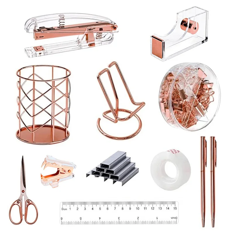 Office Supplies Set Desk Accessories Stapler Mobile Phone Holder Pen Container Scissors Ruler Tape and Staple Ballpoint Pen Set